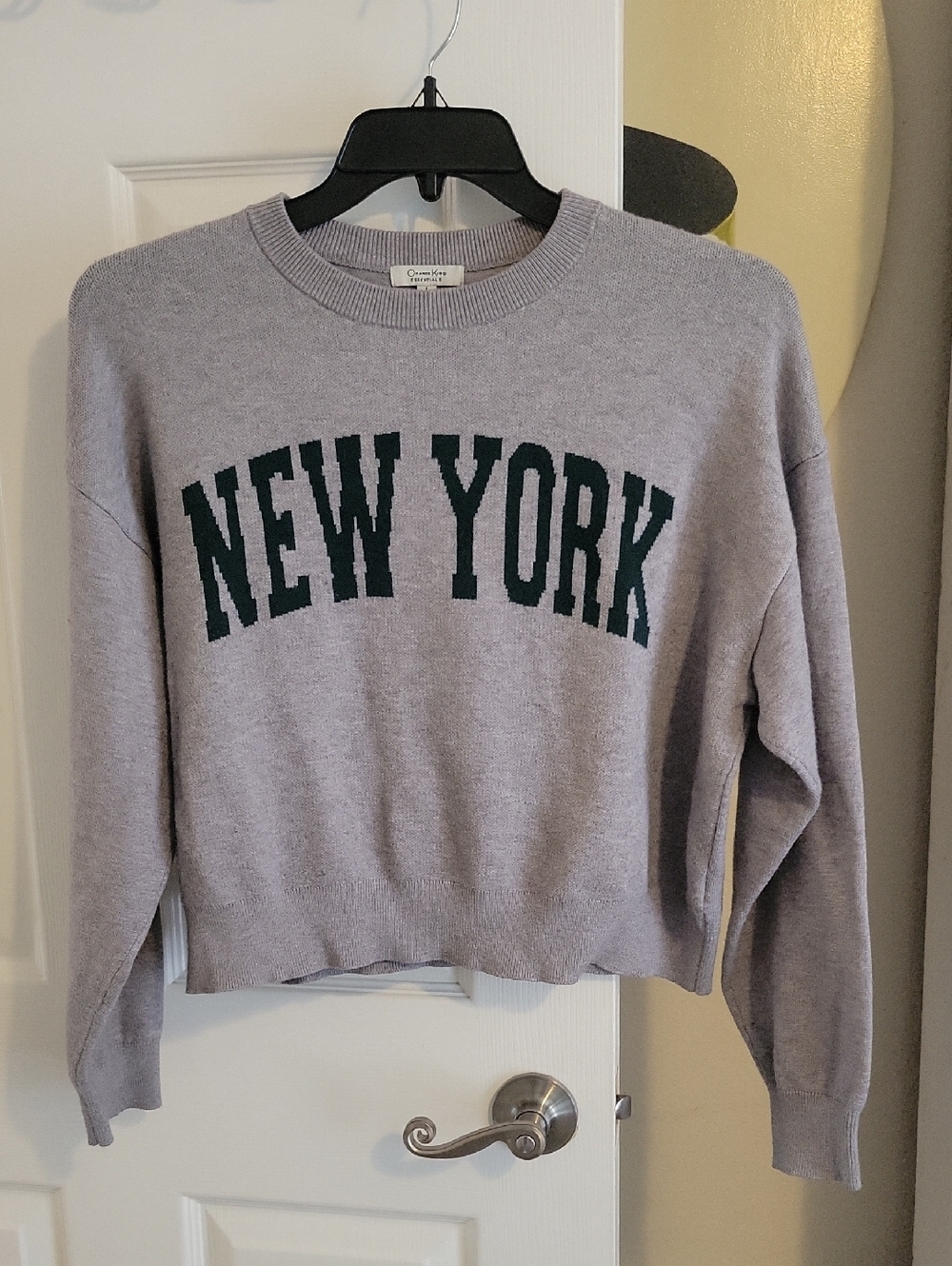 Angel Kiss Essentials SzLg Crop New York Crewneck Sweater - Grey, Green letters